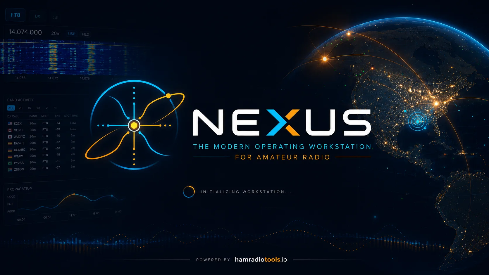 Nexus: the modern operating workstation for amateur radio. Brand artwork showing the Nexus mark and wordmark over a night-earth globe traced with great-circle paths.