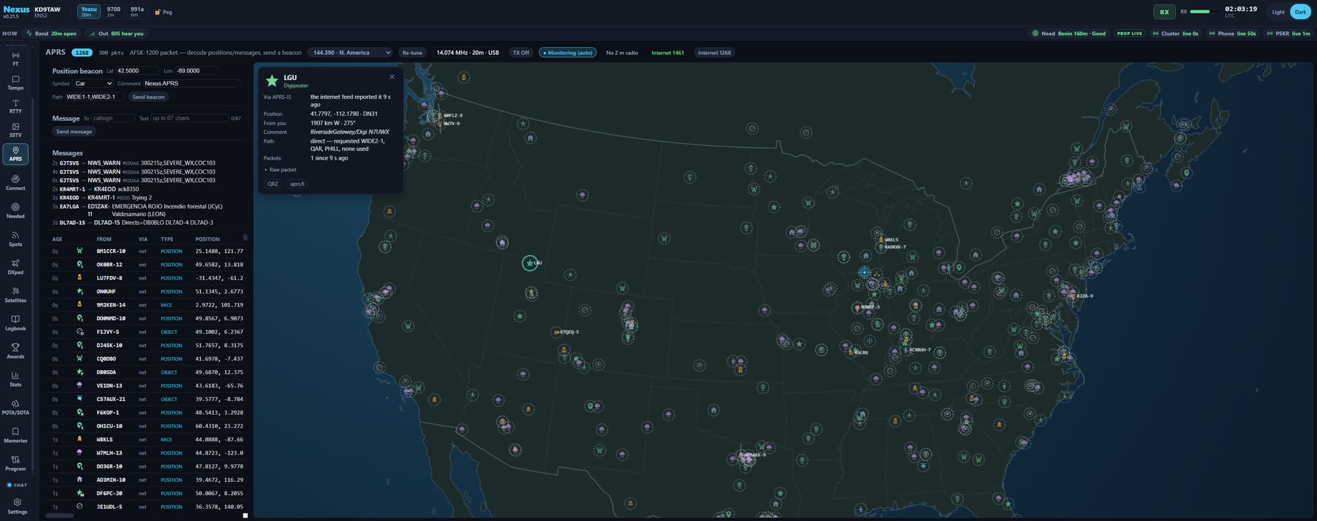 Nexus APRS: a station map drawn with real APRS symbols, an open station detail card, and the decode readout
