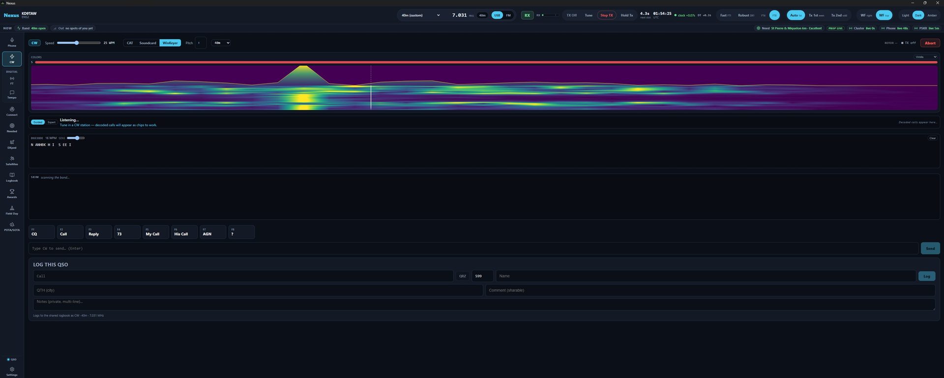 Nexus CW cockpit — keyer and live decoder