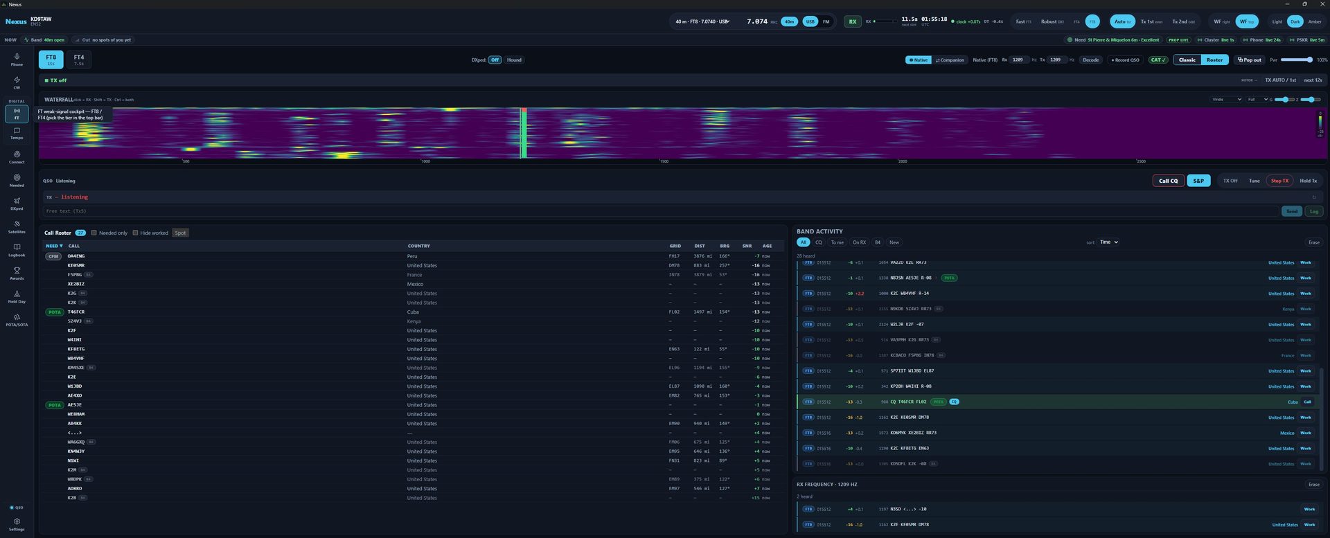 Nexus FT8/FT4 operating cockpit — waterfall, call roster, and live band activity
